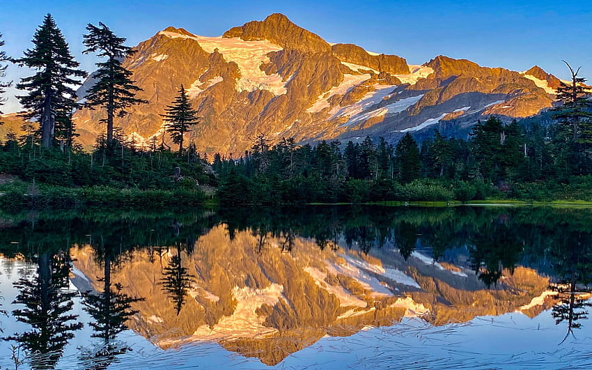 Mount Shuksan at sunset, Washington, lake, usa, reflection, landscape, trees, water HD wallpaper