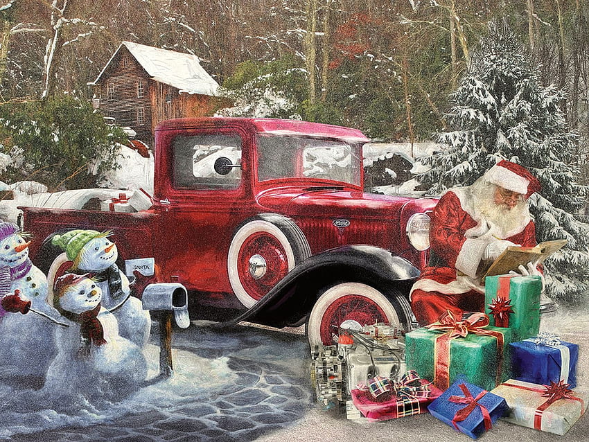 サンタのトラック、絵、車、雪、木、雪だるま、水車小屋、プレゼント、サンタ 高画質の壁紙