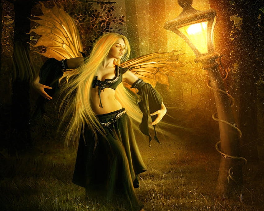 Dancing Fairy, fairy, fantasy, streetlight, female HD wallpaper