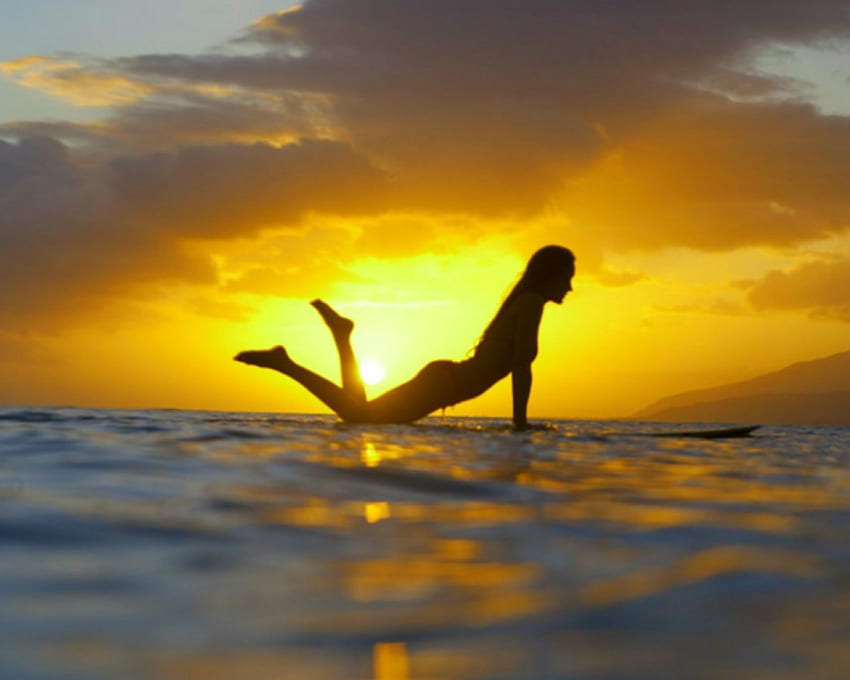 Surfing, shadow, woman, sunset, surf HD wallpaper