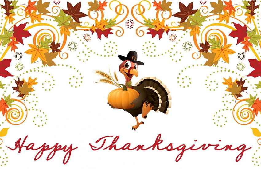 Happy Thanksgiving, turkey, Fall, Autumn, leaves, wheat, pumpkin, flowers, Thanksgiving HD wallpaper
