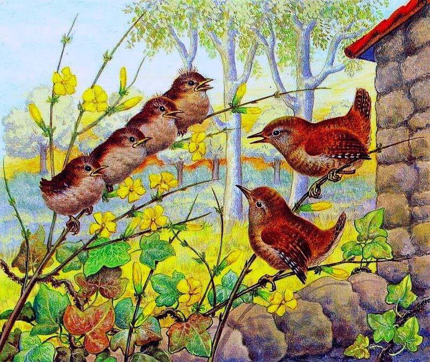 春のシジュウカラ、猫と「歌のレッスン」、動物、鳥、歌、フェンス、自然、春 高画質の壁紙