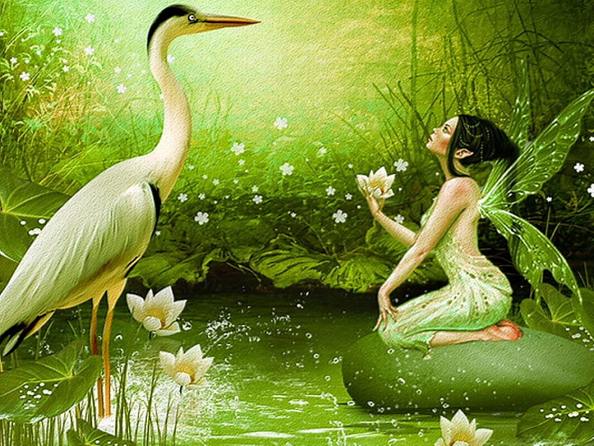 妖精、動物、美しい、ファンタジー、花、魔法、緑、水、美しい 高画質の壁紙