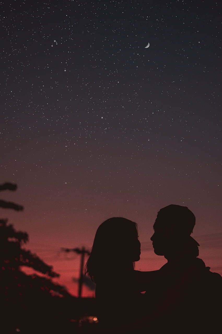 Night, Love, Couple, Pair, Silhouettes, Starry Sky, Embrace HD phone wallpaper