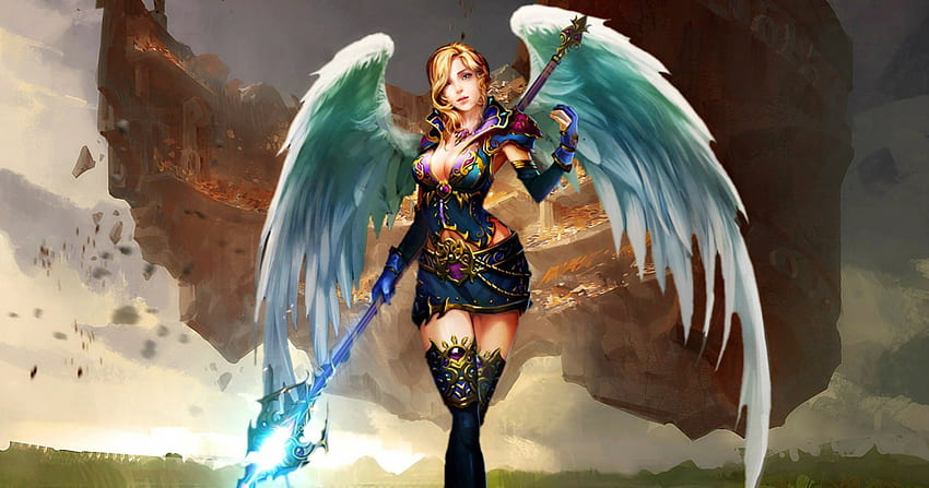 아름다운 천사, 날개, 홀, 파란 드레스, 아름다운, 천사 HD 월페이퍼