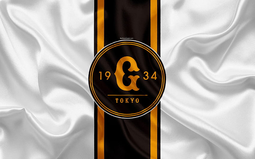Yomiuri Giants, japońska drużyna baseballowa, logo, jedwabna tekstura, NPB, biała flaga, Tokio, Japonia, baseball, Nippon Professional Baseball z rozdzielczością. Wysoka jakość Tapeta HD