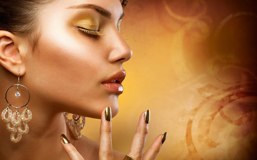 :), makeup, eyelashes, gold, enamel, beauty, woman, earrings, fingernails, closed eyes, face, eyeshadow HD wallpaper