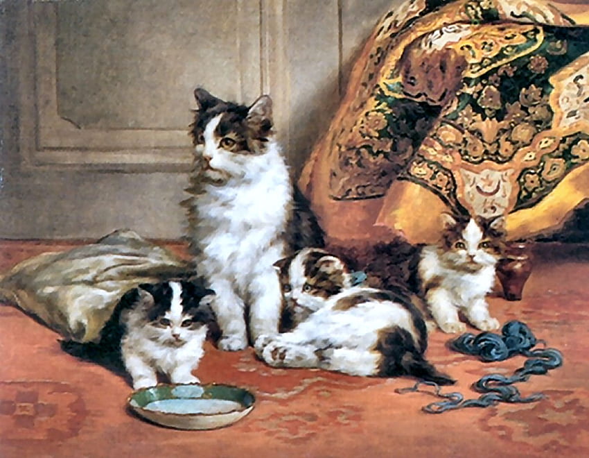 En Famille - Cats F, animal, art, feline, Daniel Merlin, cat, beautiful, Merlin, artwork, painting, pet HD wallpaper