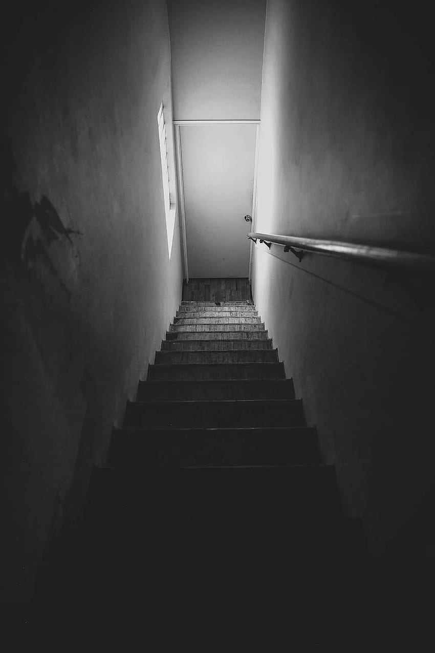 : united states, bakersfield, down stairs, black and white, creepy HD phone wallpaper