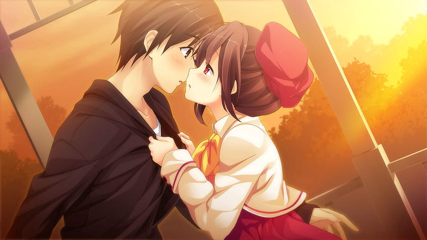 Anime, coucher de soleil, art, couple, paire, fille, guy, baiser Fond d'écran HD