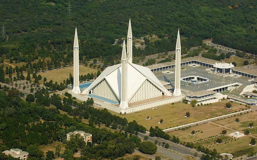 Faisal Mosque, Islamabad, aerial view, National Mosque, Faisal Masjid, Islamabad Landmark, Pakistan HD wallpaper