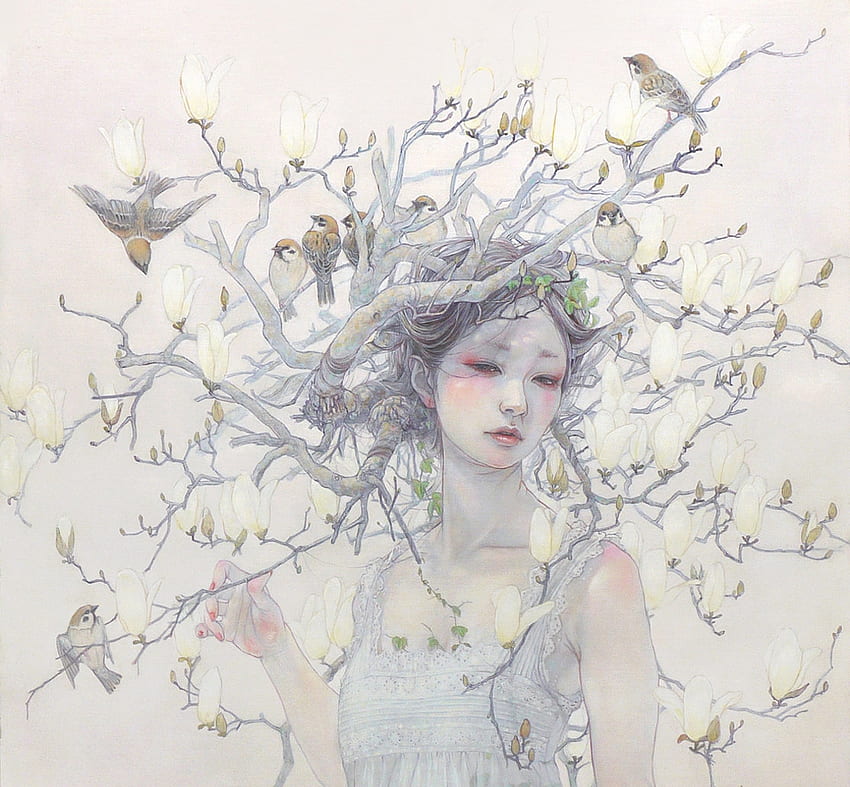 Spring, miho hirano, bird, art, pasare, girl, branch, fantasy, flower, luminos HD wallpaper