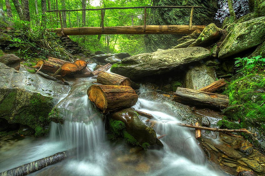 Die Brücke am Alum Creek, Smoky Mountains, Holz, Wasserfall, Bäume, Wasser, Wald, Felsen HD-Hintergrundbild