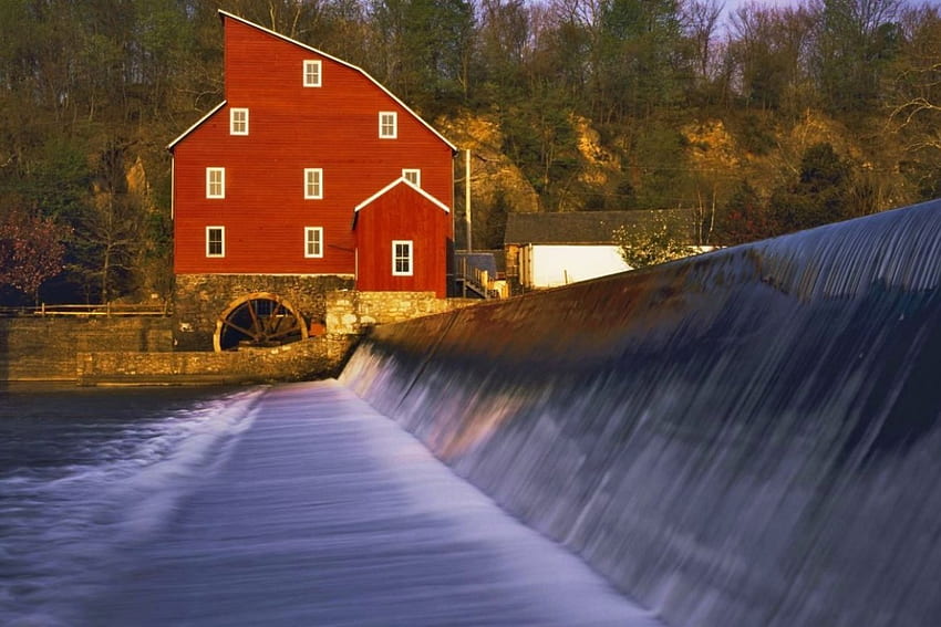 Clinton Mill, Raritan Nehri, New Jersey, yapraklar, ev, ağaçlar, renkler, sonbahar, su HD duvar kağıdı