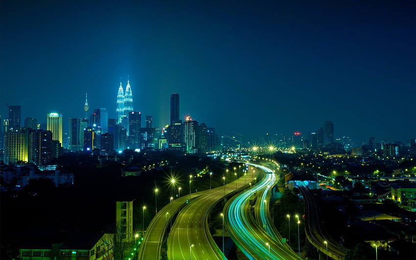 graphie, Urbain, Ville, Nuit, Bâtiment, Lumières, Gratte-ciel, Autoroute, Malaisie, Kuala Lumpur / et fond mobile, Kuala Lumpur Skyline Fond d'écran HD