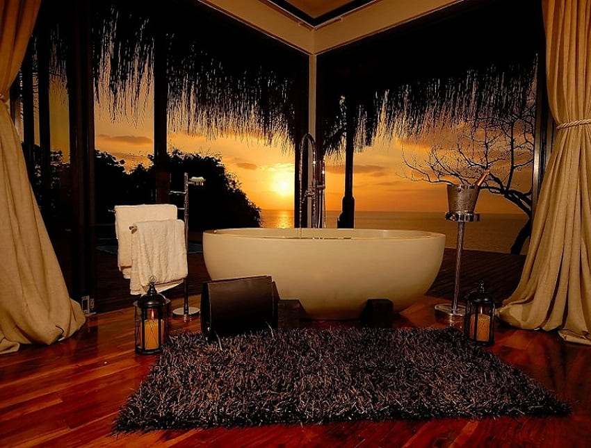 Mengundang, handuk bak mandi lantai kayu, bak mandi, rak, bersantai, tirai, botol, permadani, bak mandi, menakjubkan, matahari terbenam, anggur Wallpaper HD