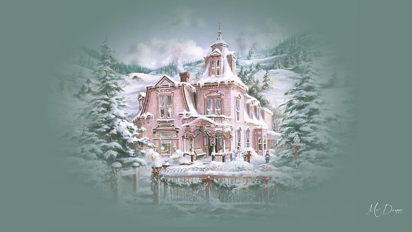 ビクトリア朝の冬、冬、ゲート、家、ビクトリア朝、雪、木、家、コラージュ 高画質の壁紙