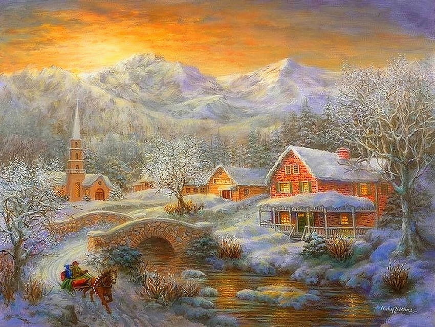 Winter Merriment, winter, holidays, sliegh, creek, attractions in dreams, churches, paintings, love four seasons, Christmas, villages, snow, nature, xmas and new year, bridges, mountains HD wallpaper