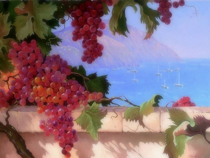 ★Southern Shore★, oceans, grapes, shore, sailings, boats, stunning, sea, seascapes, attractions in dreams, paintings, beautiful, fruits, seasons, creative pre-made, summer, love four seasons, bays, nature, mountians, southern HD wallpaper