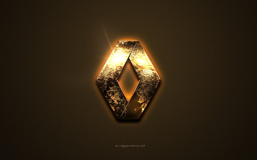 Златно лого на Renault, произведение на изкуството, кафяв метален фон, емблема на Renault, лого на Renault, марки, Renault HD тапет