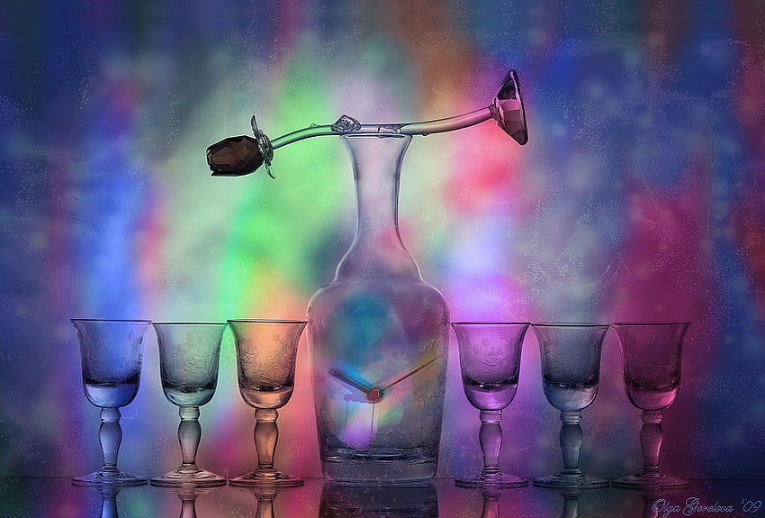 vetro colorato, fullcolor, arte, natura morta, occhiali, vetro rosa, sei, bottiglia di vetro, bello Sfondo HD