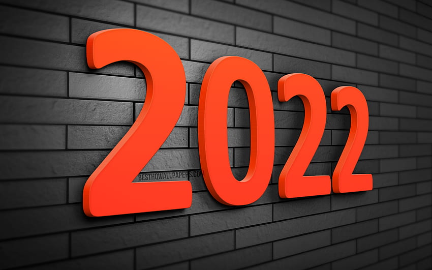2022 オレンジ色の 3 D 数字、灰色のブリックウォール、2022 ビジネス コンセプト、2022 年新年、新年あけましておめでとうございます 2022、クリエイティブ、灰色の背景に 2022、2022 概念、2022 年の数字 高画質の壁紙