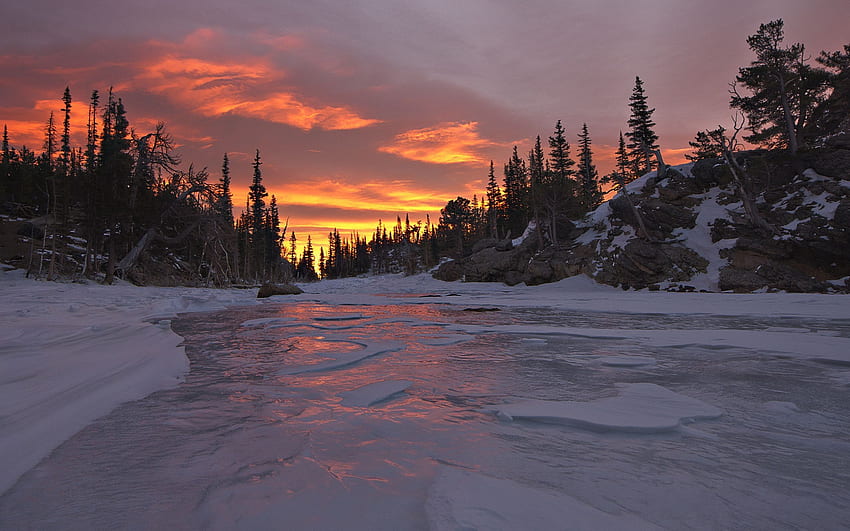 ธรรมชาติ ต้นไม้ พระอาทิตย์ตก ท้องฟ้า หิมะ วอลล์เปเปอร์ HD