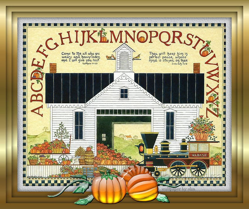 Sampler mit Glaskürbissen, Kürbissen, Goldrahmen, Thanksgiving, Herbst, Sampler HD-Hintergrundbild