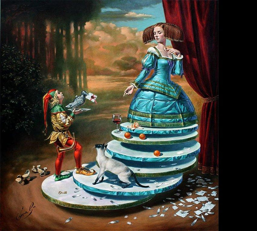 Michael Cheval art, harlequin, letter, painting, glass, blue dress, kid, children, art, surrealist, cat, orange, woman, boy, michael cheval, red, queen, wine HD wallpaper