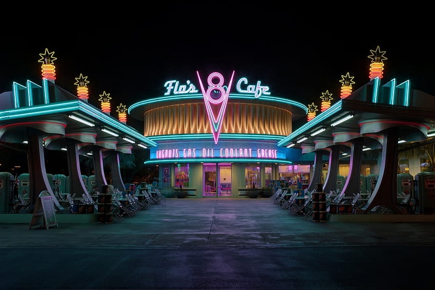 Flo's V8 Cafe, Cars 2, neon, cafe, movies, diner, , Cars HD wallpaper