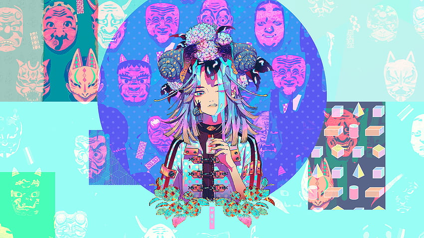 Anime, masks, glitch art, Aki Akane, art HD wallpaper