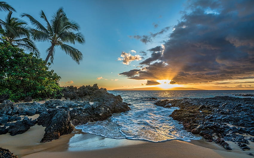 Maui Sunset, Hawaii, sea, sand, palm, beautiful, rocks, beach, clouds, nature, sky HD wallpaper
