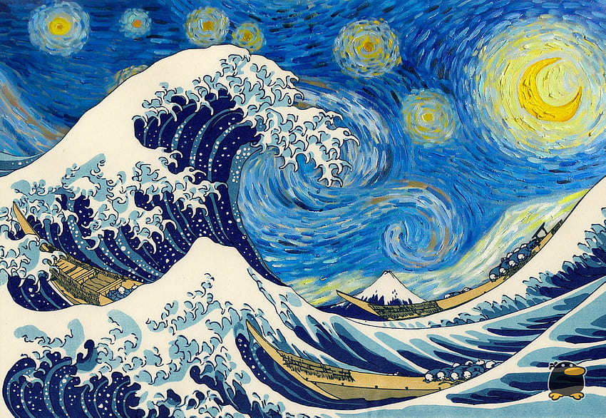 คลื่นลูกใหญ่ในคืนที่ดาวพร่างพราย Starry night van gogh, Starry night , ศิลปะ, Pastel Japanese Wave วอลล์เปเปอร์ HD