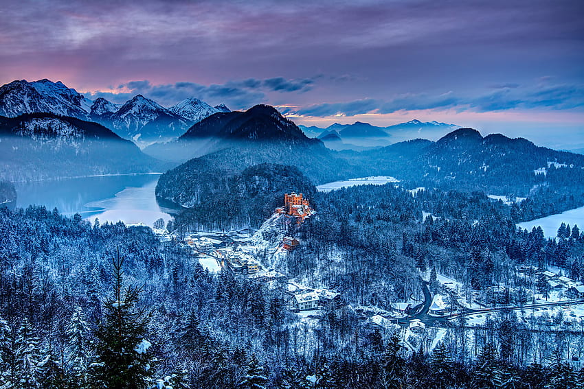 Musim Dingin, Alam, Pegunungan, Jerman, Kastil Hohenschwangau, Kastil Hoenshwangau, Bavaria Selatan, Bavaria Selatan Wallpaper HD