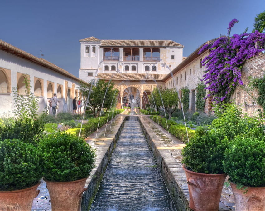 Alhambra, Granada, Spain, blue, spain, bloom, purple, flower, green, alhambra, sky, water, granada HD wallpaper
