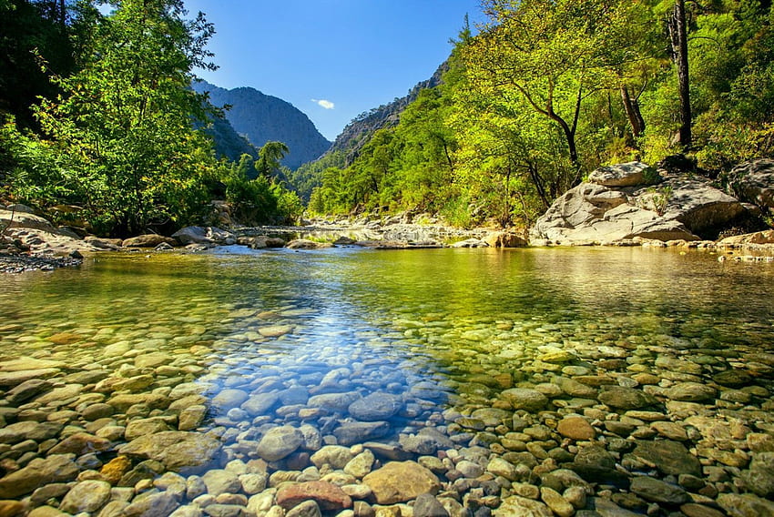 Clear waters, river, crystal, nice, shore, reflection, trees, greenery, water, hills, beautiful, stones, mountain, summer, emerald, mirrored, flow, nature, sky, clear, lovely HD wallpaper