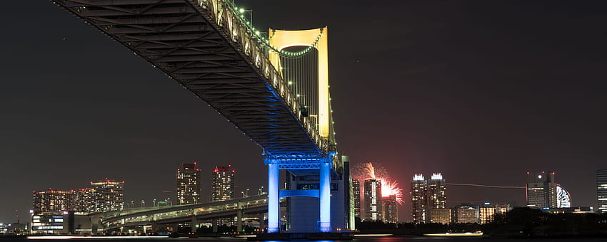 bridge, night city, bay, tokyo, japan ultrawide monitor background, Tokyo Bay HD wallpaper