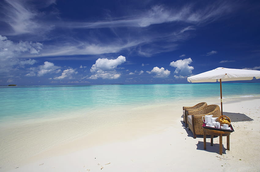Natura, woda, chmury, plaża, piasek, ocean, parasol, Malediwy Tapeta HD