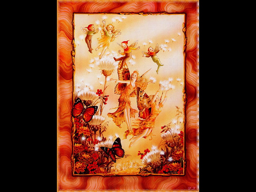 Fairy Folk - October, flying, flowers, fairies, autumn coloured HD wallpaper