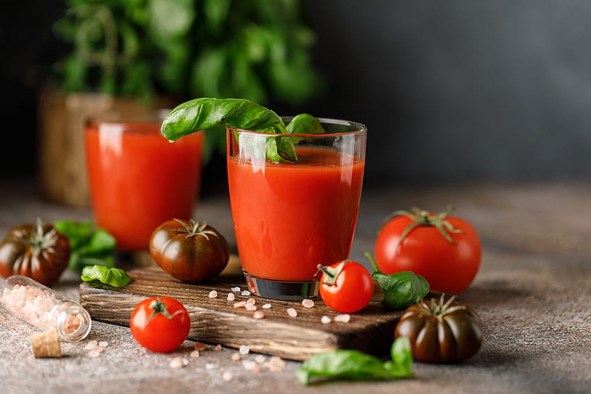 Tomato with basil, Fresh, Tomatoes, Juice, Glasses HD wallpaper