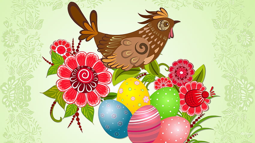 Spring Bird Kwiatowy, ptak, Wielkanoc, jajka, wiosna, motyw Firefox Persona, jasny, zielony, wektor, kwiaty Tapeta HD