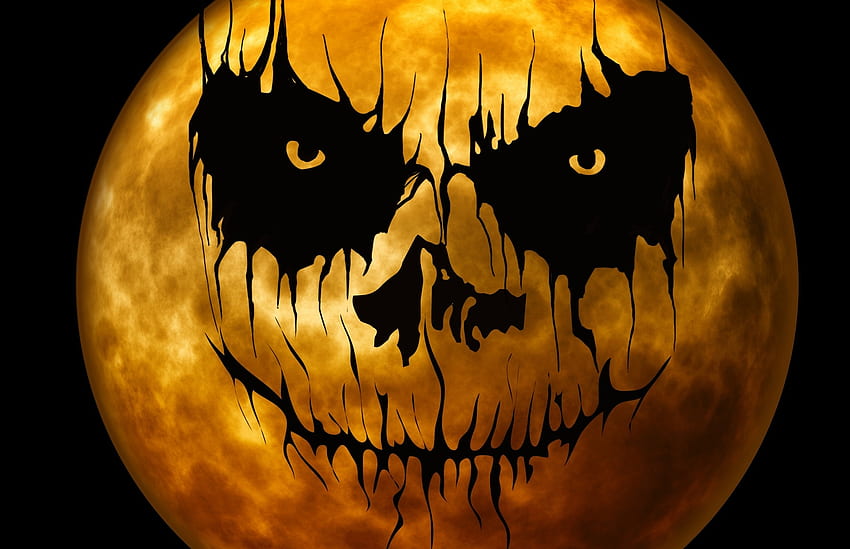 Halloween Moon, black, moon, yellow, eyes, Halloween, orange, mouth, nose HD wallpaper