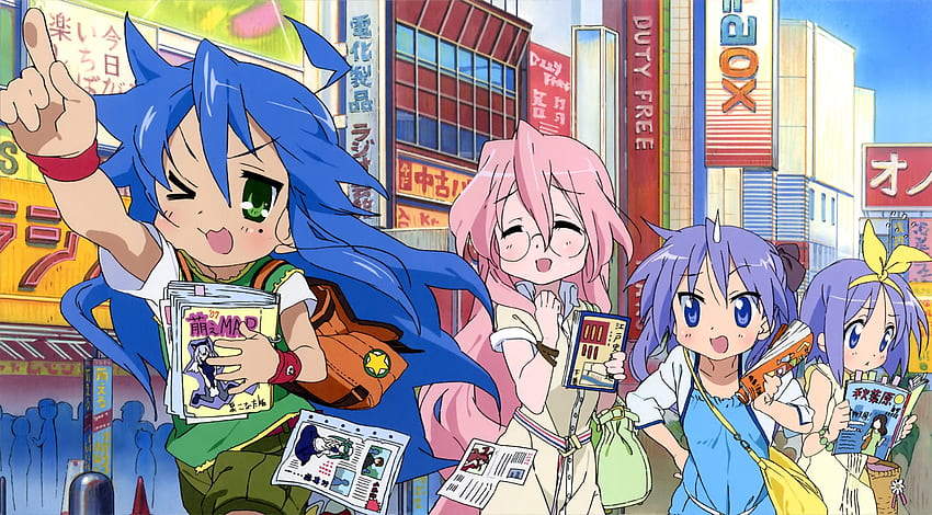 Glücksstern in der Stadt, Blau, Tsukasa, Glücksstern, Stadt, Miyuki, lange Haare, Doppelschwänze, Lila, Pink, Kagami, Konata, grüne Augen HD-Hintergrundbild