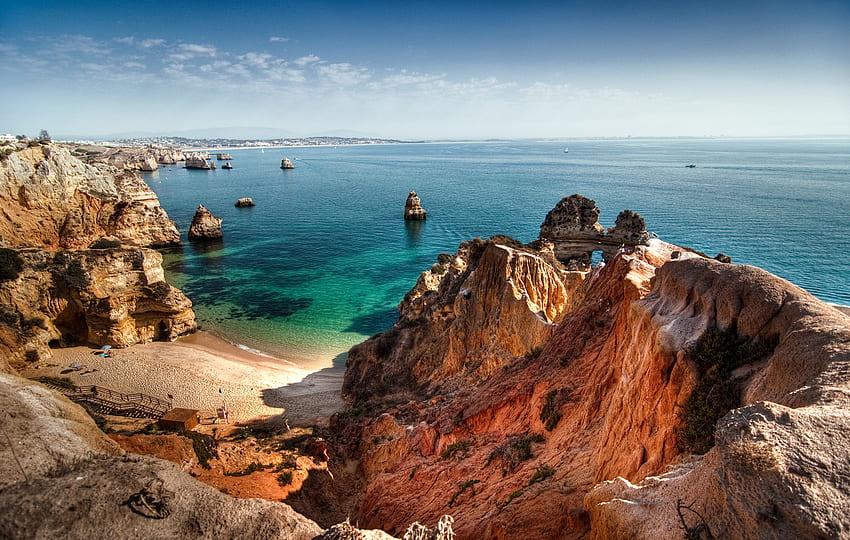 Amazing Beach, blue, sea, oceans, sand, rust, rocks, beach, green, stone, amazing HD wallpaper