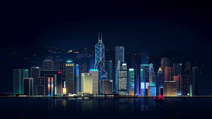 Хонконг абстрактен град неоново изкуство HD тапет