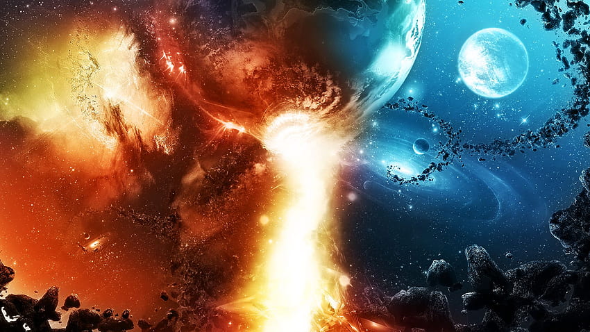 blue, red, planets, fire, asteroids HD wallpaper