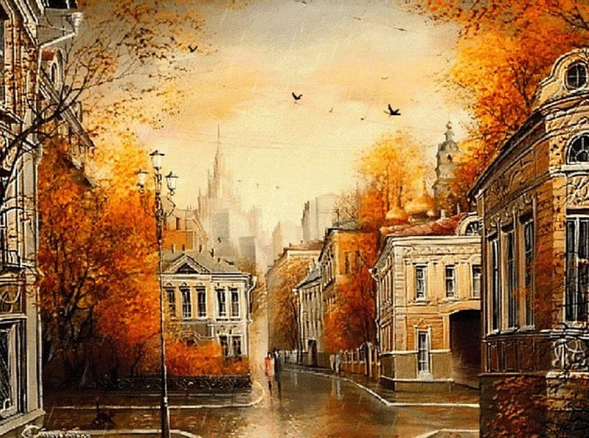 Old City in Autumn, architecture, painting, city, ols, autumn HD wallpaper