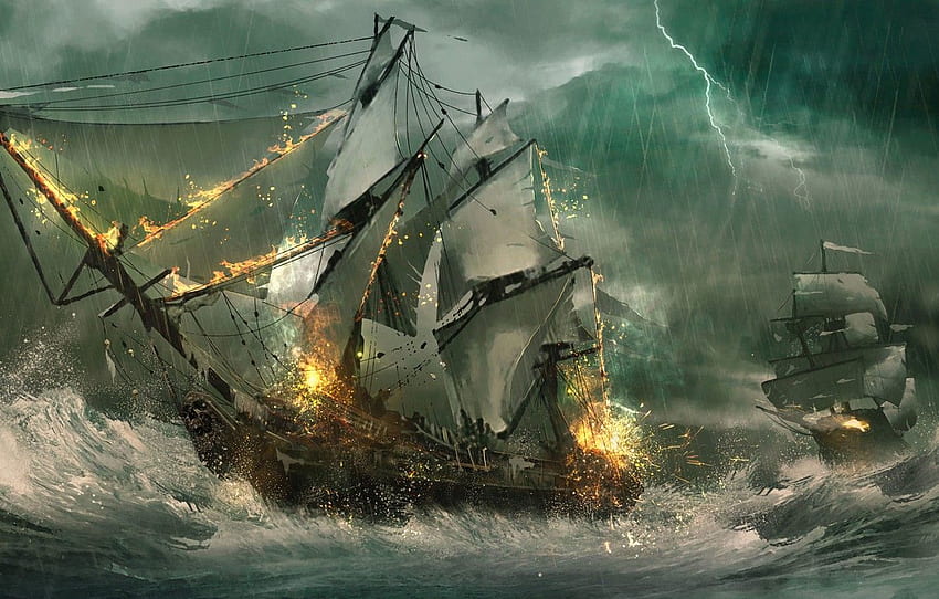 sea, wave, storm, lightning, ships, sailboats, frigates, sea battle, Julian Calle for , section фантастика HD wallpaper