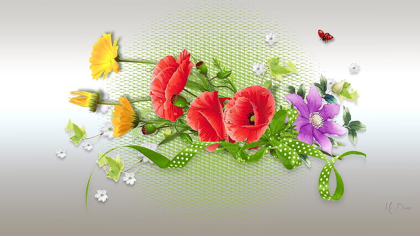 Blossoms on Silver, wild flowers, ladybug, floral, daisies, Firefox theme, summer, poppies, silver, flowers, wpring HD wallpaper