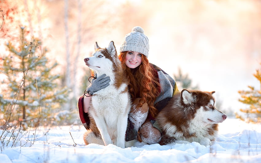 내 아기들, 여자들, 겨울, 빨간 머리, 모자, 개, 눈, 나무 HD 월페이퍼